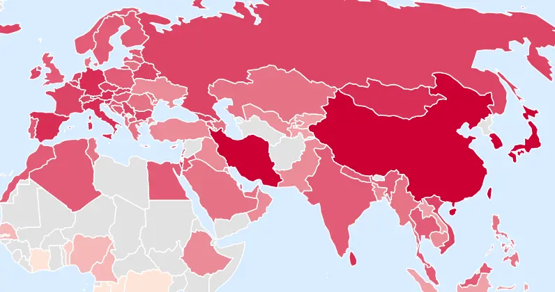 Extrait de la carte du classement des pays (rouge foncé = score plus élevé)